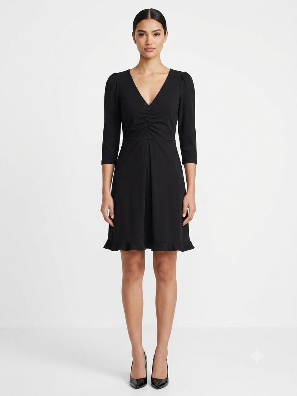 Express Black V-Neck Ruched Waist Dress - Stretchy Cottony Comfy